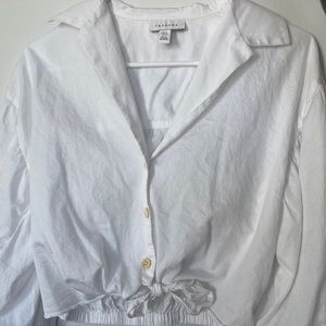 Topshop Collared Balloon Sleeve Tie Front Crop Top